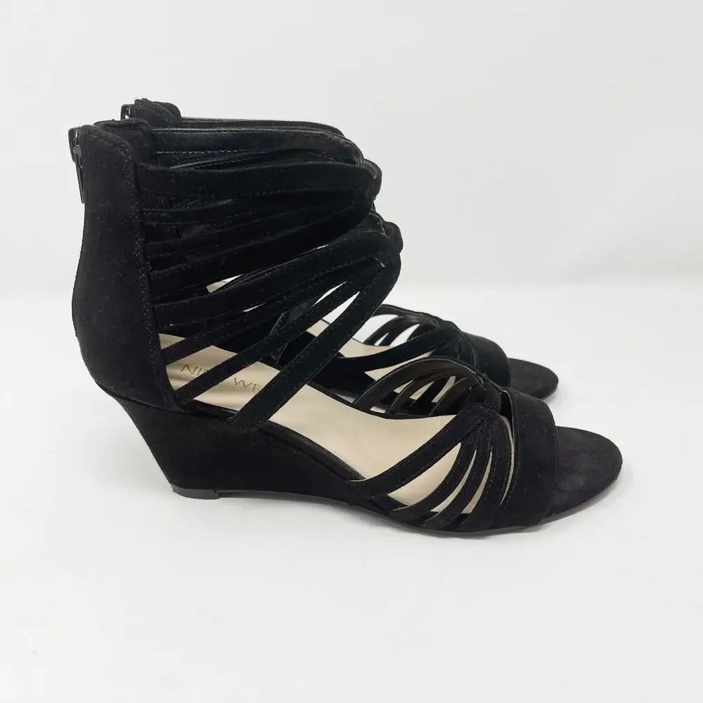 Nine West 6.5 Black Faux Suede Roseo Strappy Wedge Sandals Heeled Zip Back